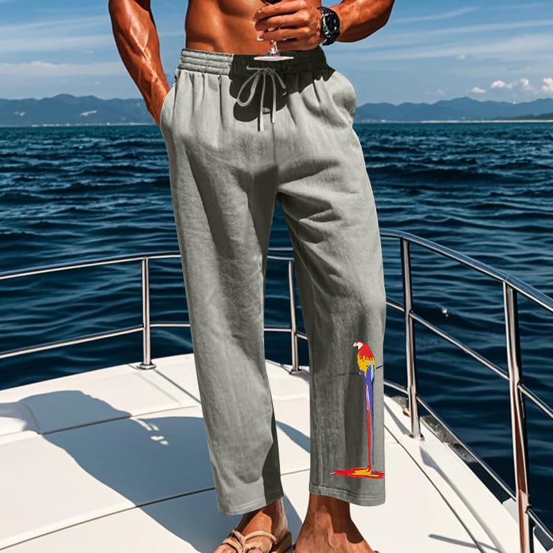 Men's Lightweight Loose Fit Comfy Pants Casual Summer Vacation Solid Color Trousers Parrot Printed Trendy Outfits Classic Drawstring Wide Straight Leg Streetwear Grey 2XL2