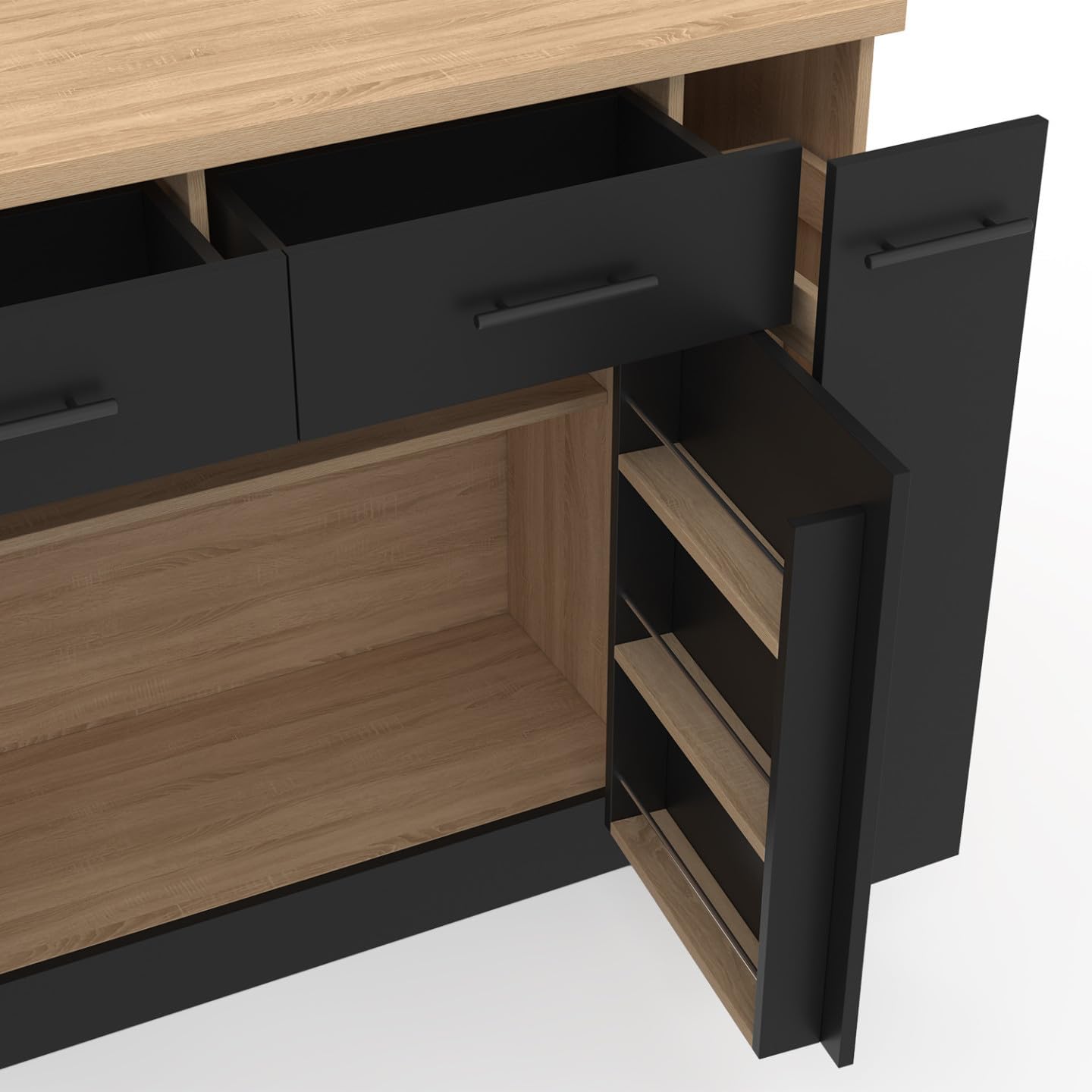 IDMarket - Ilot Central Alto Portes avec rangements, tiroirs, Rangement Coulissant et Plan de Travail façon hêtre et Noir