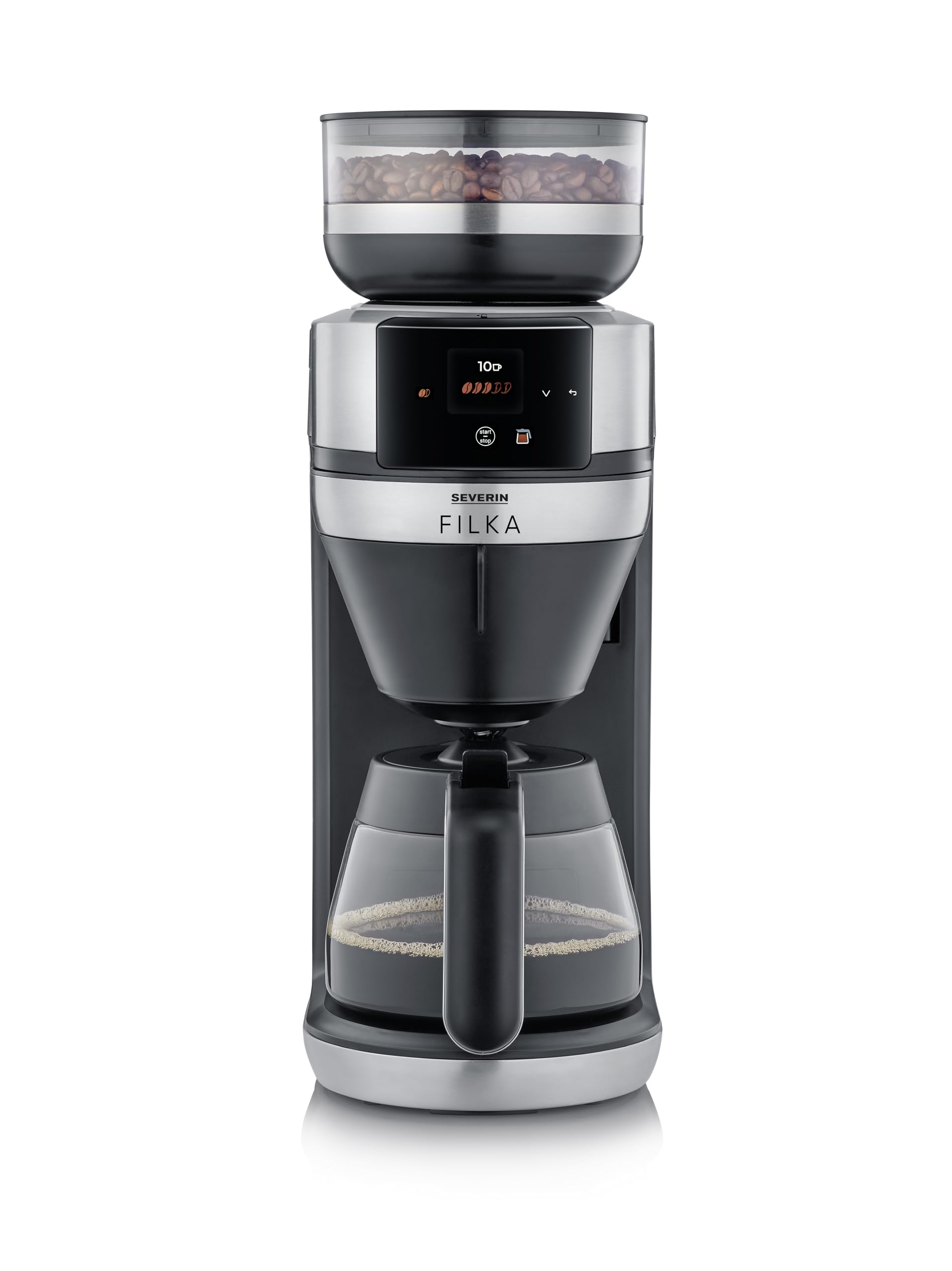 Severin - Cafetera de filtro con molinillo totalmente automática con jarra de cristal 2 L. FILKA KA Acero Inox/Negro 1.520 W KA 4852