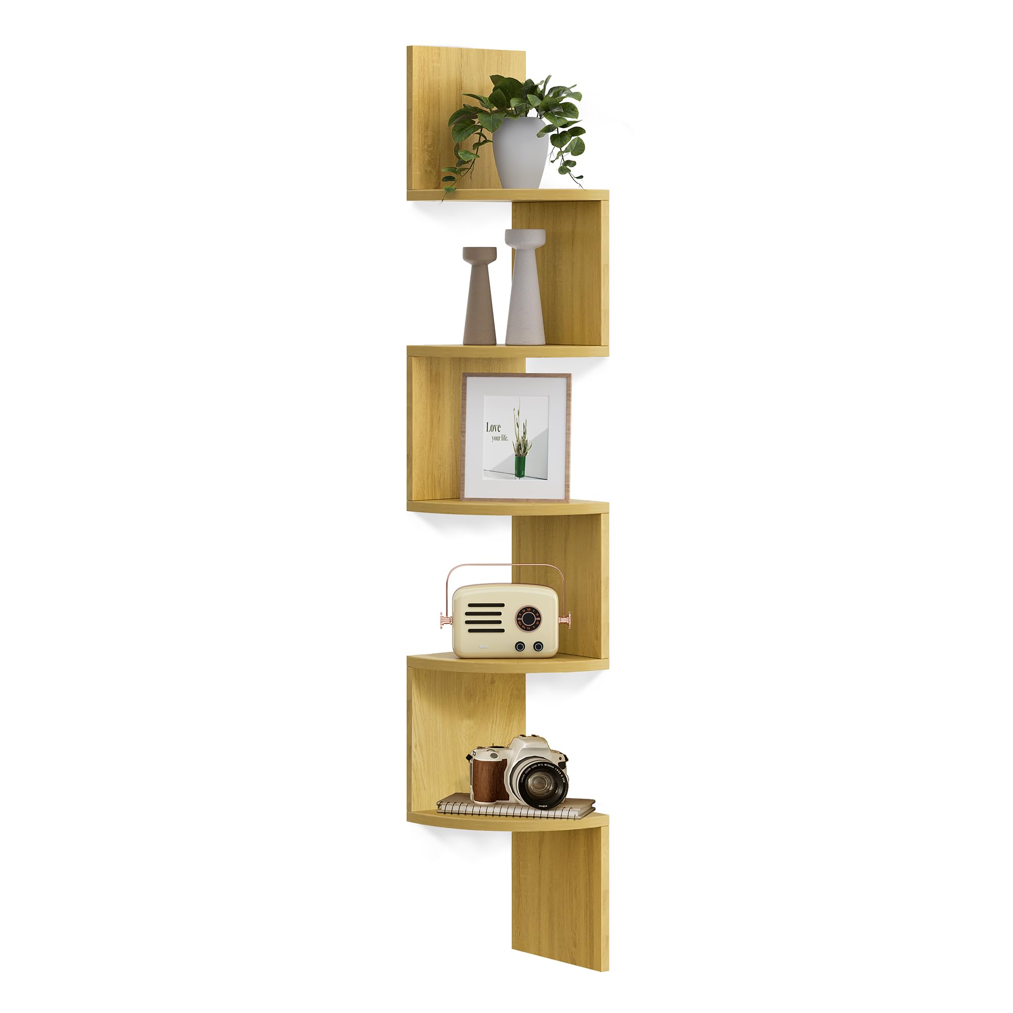 VASAGLE Corner Shelf Wall Mount, 5-Tier Floating Corner Bookshelf, Plant Shelf for Bedroom, Living Room, Bathroom, Home Office, Natural Oak ULBC072Y70