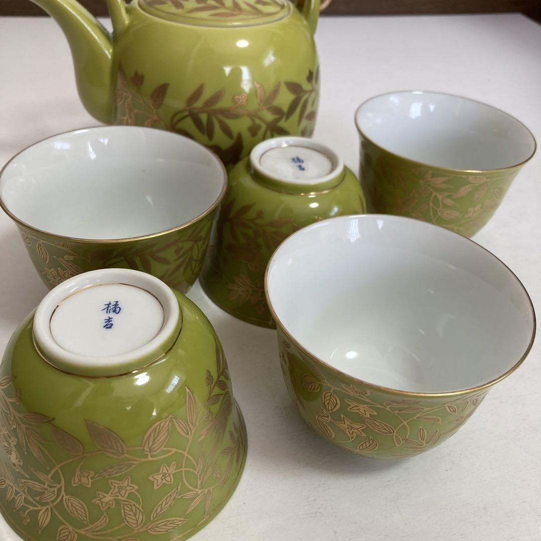 1800 希少 其泉 萌黄金欄手 茶器セット 急須1客 湯呑5客 金彩 1800 希少 其泉 萌黄金欄手 茶器セット 急須1客 湯呑5客