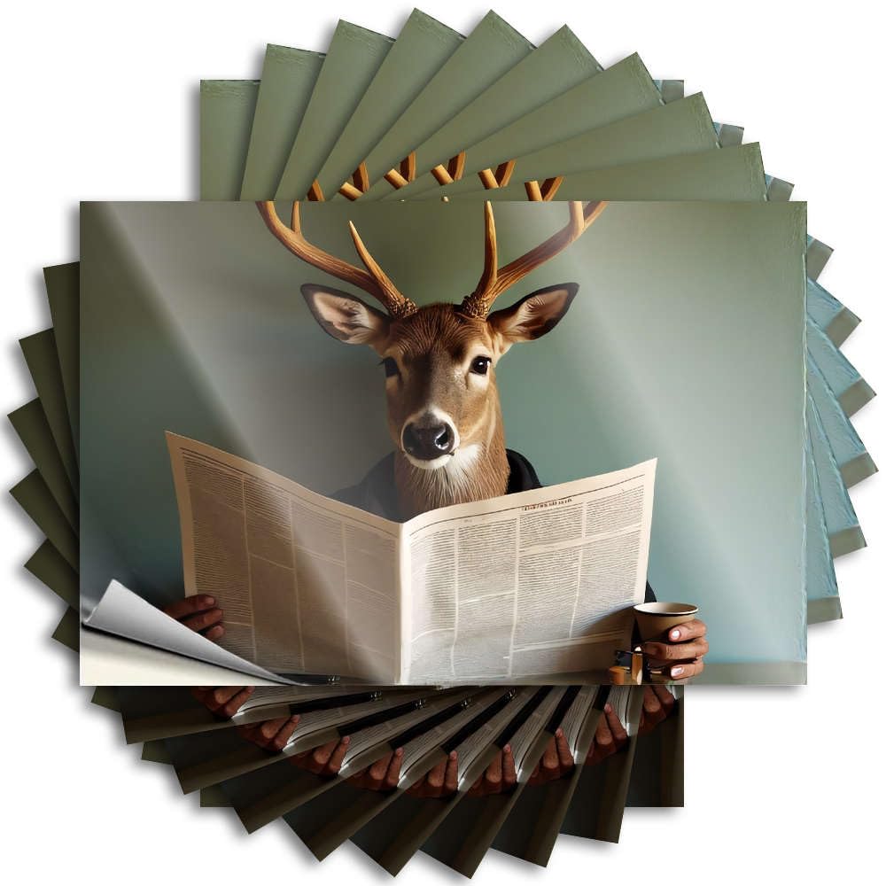 Backyard Bar Decor Bumper - Lover Earth Cover Deer Reading Newspaper with Coffee Cup(8X12CM)