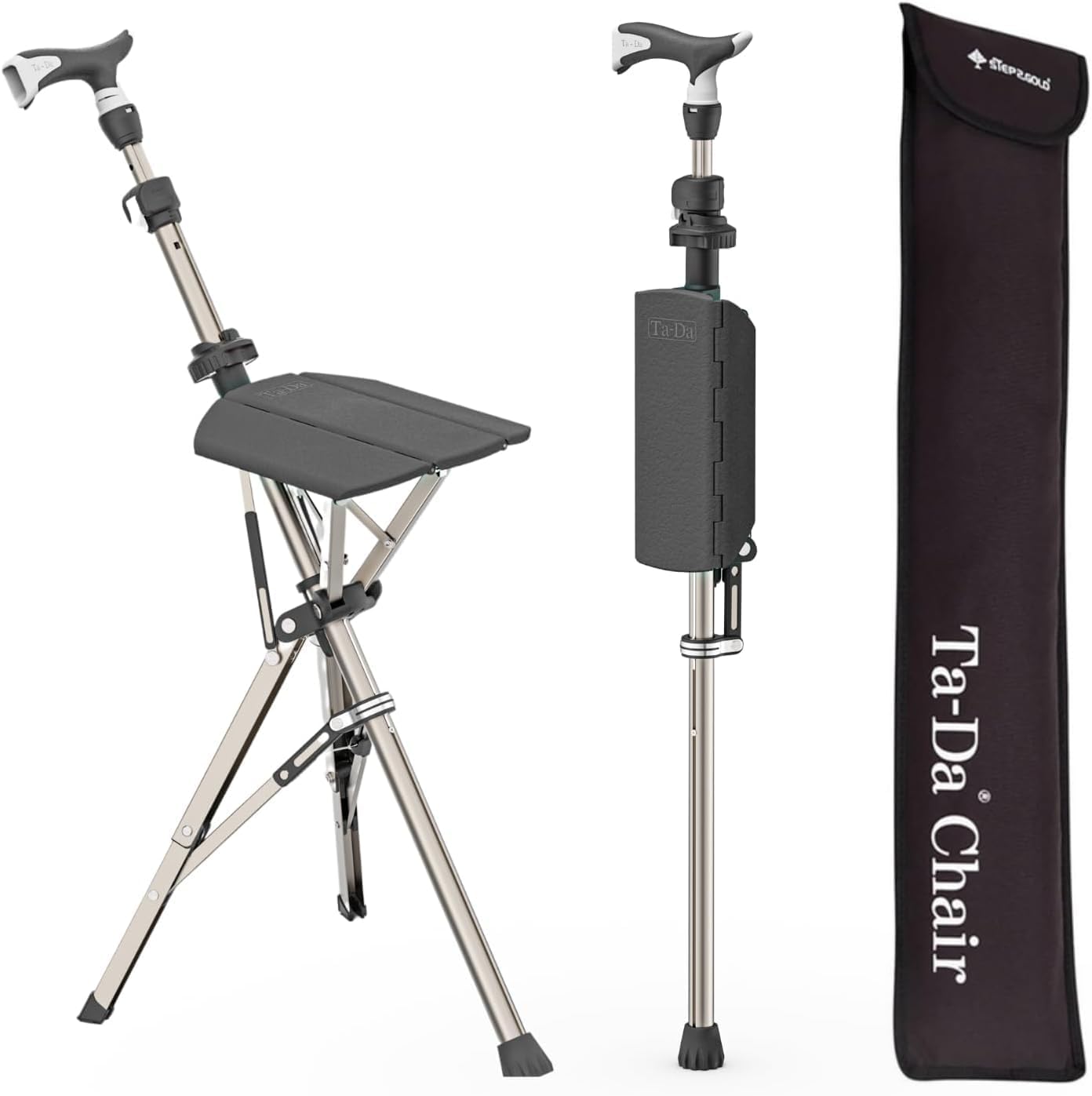 Ta-Da Chair PRO - Bastone da Passeggio con Sedile, Sgabello Pieghevole in Alluminio Ultraleggero (Max 120kg), Design Compatto per Viaggi e Visite - Nero, Altezza Regolabile