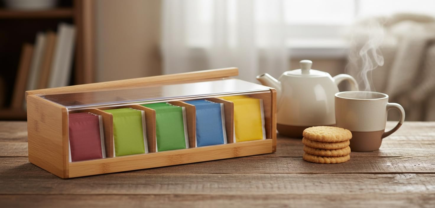 Scatola Porta Tè In Bambù Con 5 Scomparti E Cassetto, Coperchio Acrilico Trasparente, Contenitore Per Bustine E Foglie Sciolte - 2