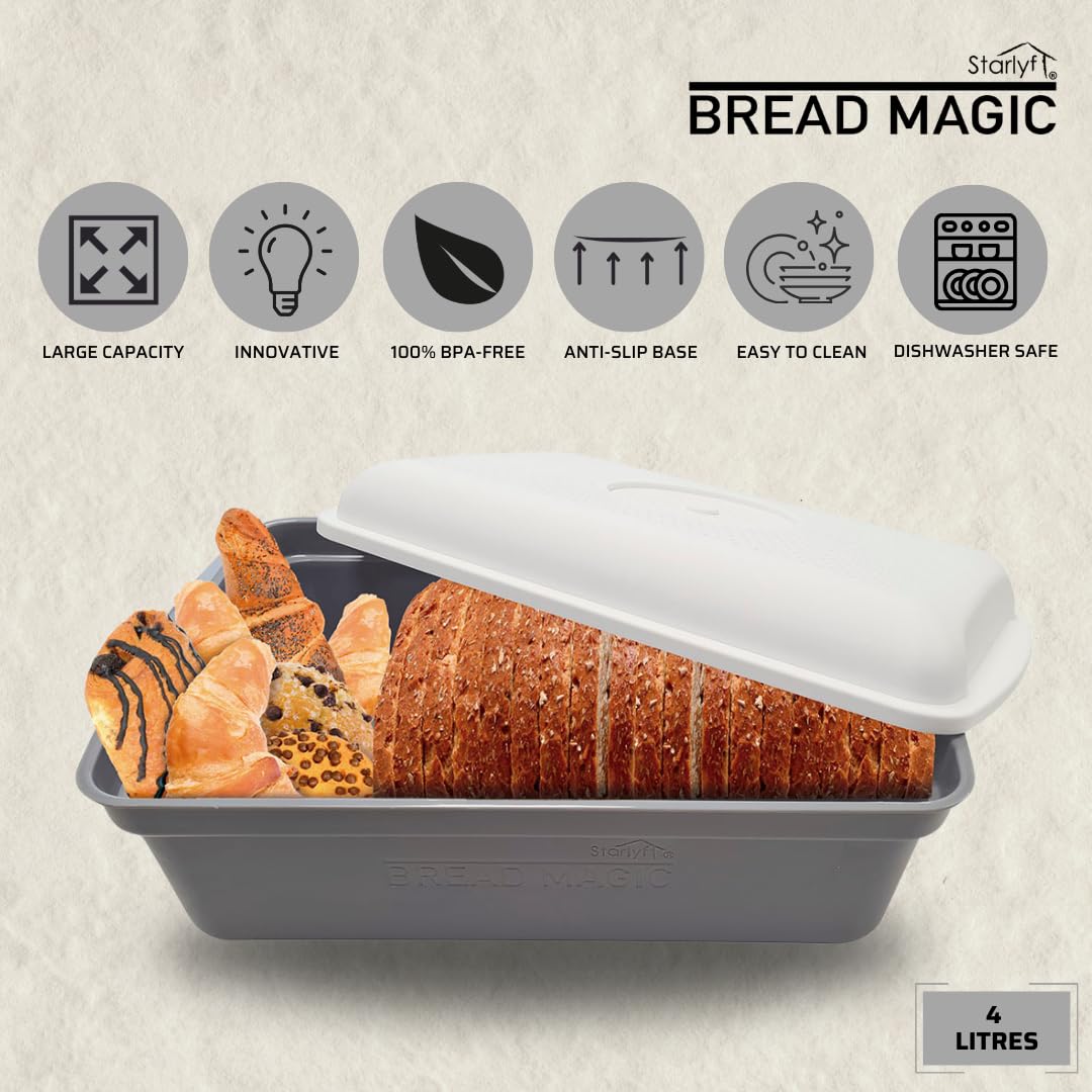 STARLYF Bread Magic Broodtrommel voor brood en gebak, ademend, croissants, broodjes, plakjes, stokbrood, altijd vers, grote inhoud voor het hele gezin (32 x 17,5 x 15 cm
