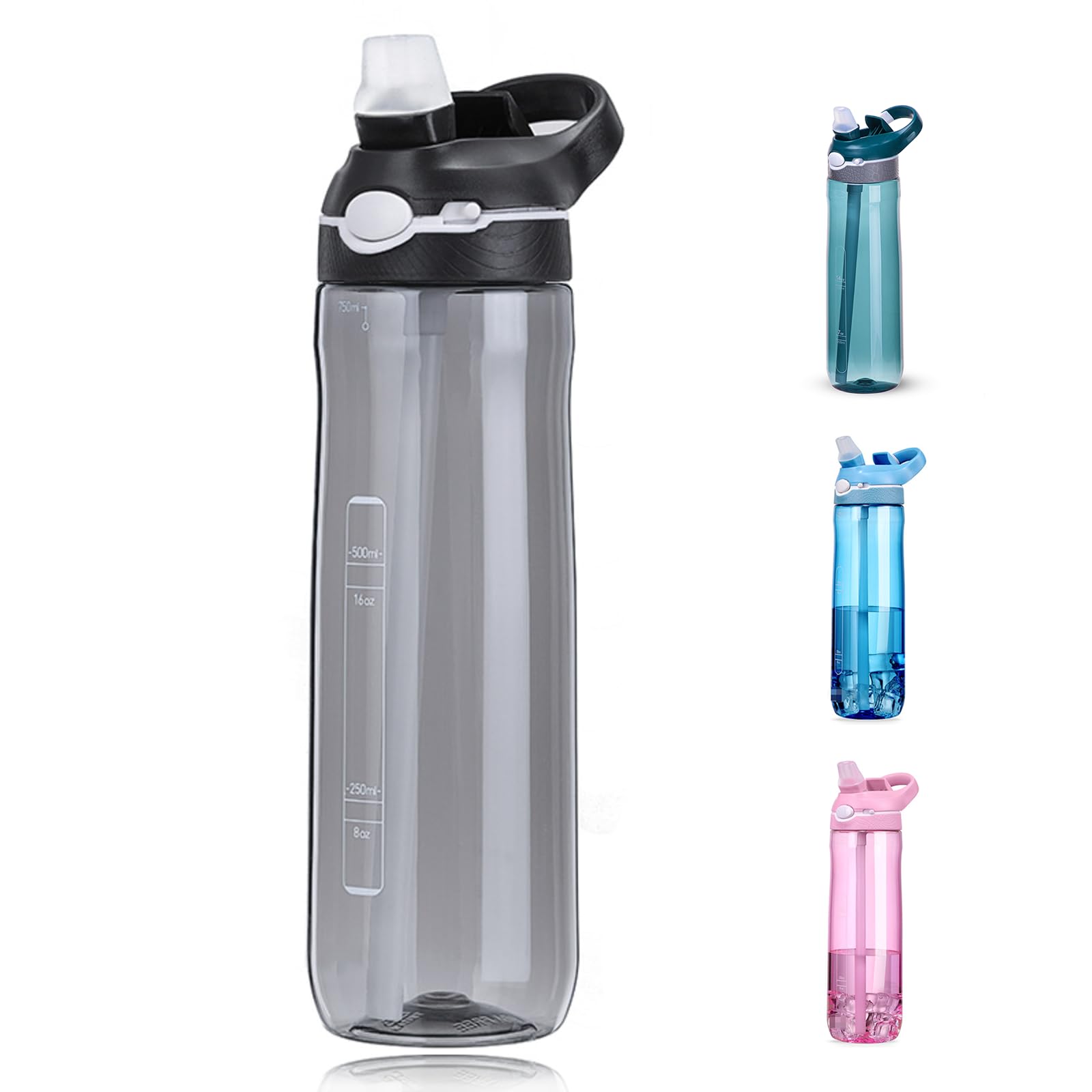 DEARART 24oz Water Bottles With Straw, Leakproof BPA FREE Hidden Nozzle, Flip Up Lid Clear Bottle With Handle Easy Clear, Suit Office Sports Travel