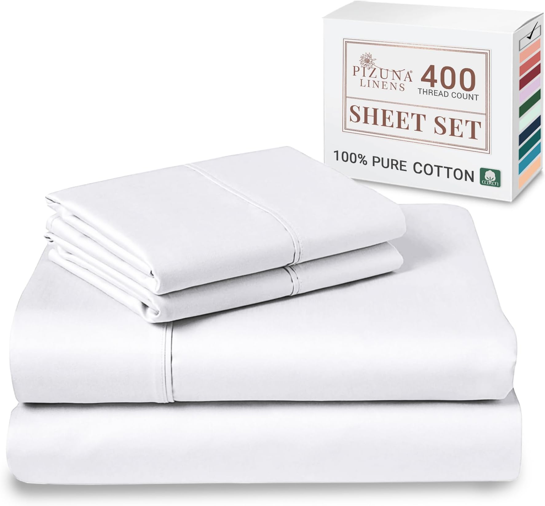 - Pizuna 400 Thread Count Queen Cotton Bed Sheets Set, Long-Staple Cotton Sheet Sets Queen Size, Cooling 4 Piece Hotel Luxury Bedding Set with 15" Deep Pocket Fitted Sheet (Queen, White)