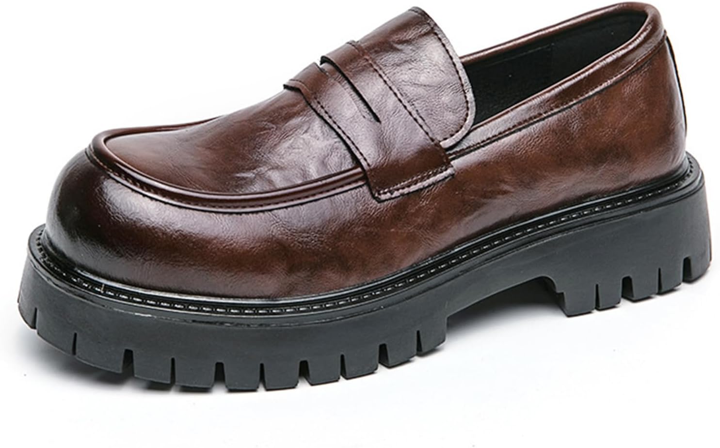 Men’s Comfortable Soft Leather Platform Chunky Loafers Fashion Business Casual Formal Work Shoes Retro Round Toe Anti-Slip Lug Sole Slip-On Penny Loafers