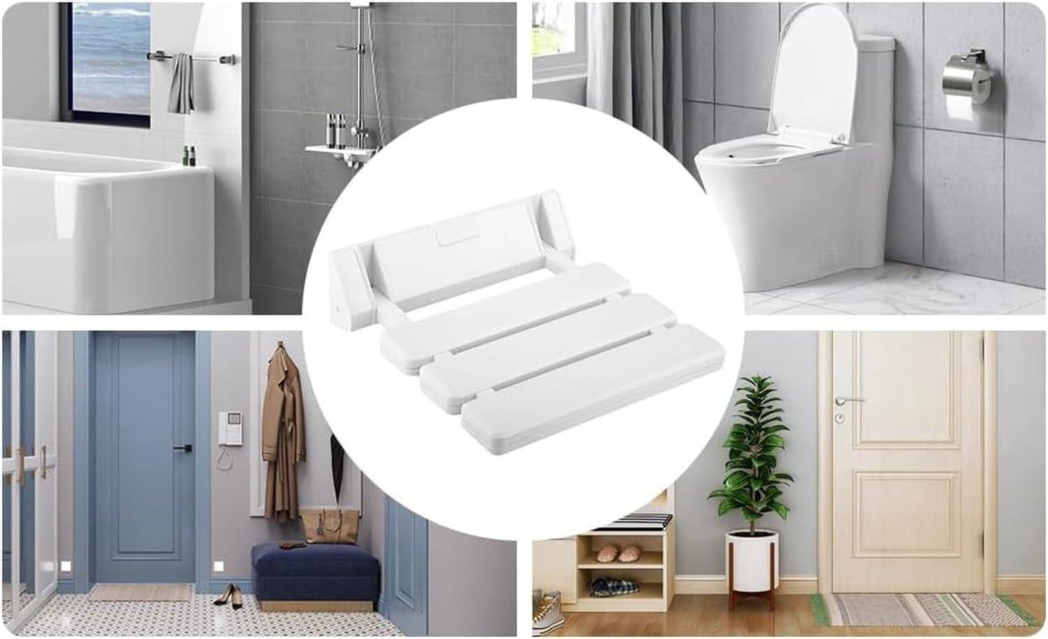Asiento de Ducha Abatible Plegable con Respaldar, Alza Inodoro Banco de Bañera con Soporte de Pared y Reposapiés, Sillón Antideslizante Portátil Resistente al Agua para Ducha y Sauna, Máx. 150kg