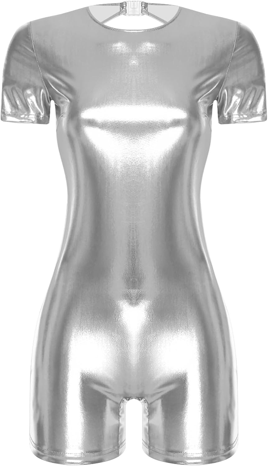 FEESHOW Metallic Shiny Bodysuit for Women Crew Neck Short Sleeve Boy-shorts Leotard Clubwear Jumpsuit