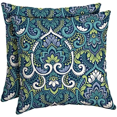 Arden Selections Outdoor Toss Pillow, Set of 2, 16 x 16, Rain-Proof, Fade Resistant 16 x 16, Sapphire Aurora Blue Damask Cover