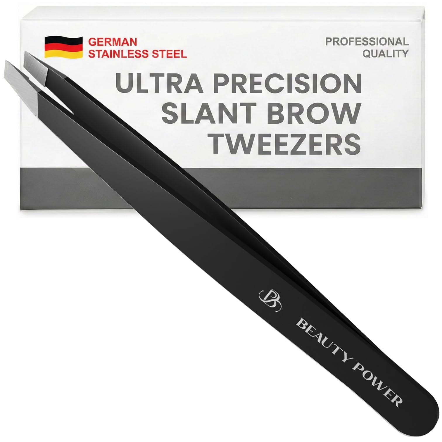 Tweezers for Women Facial Hair: Ultra Precision Tweezers for Women & Men, Sharp Slant Tweezer for Eyebrows, Ingrown Hair Removal. Professional Plucker + Case, German Stainless Steel Black