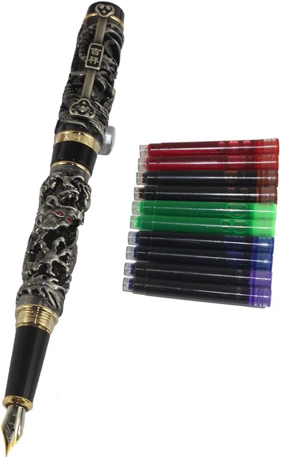 Gullor Noblest Dragon and Phoenix Fountain Pen with PU leather pen pouch and 5 colour ink cartridge - Antique Silver