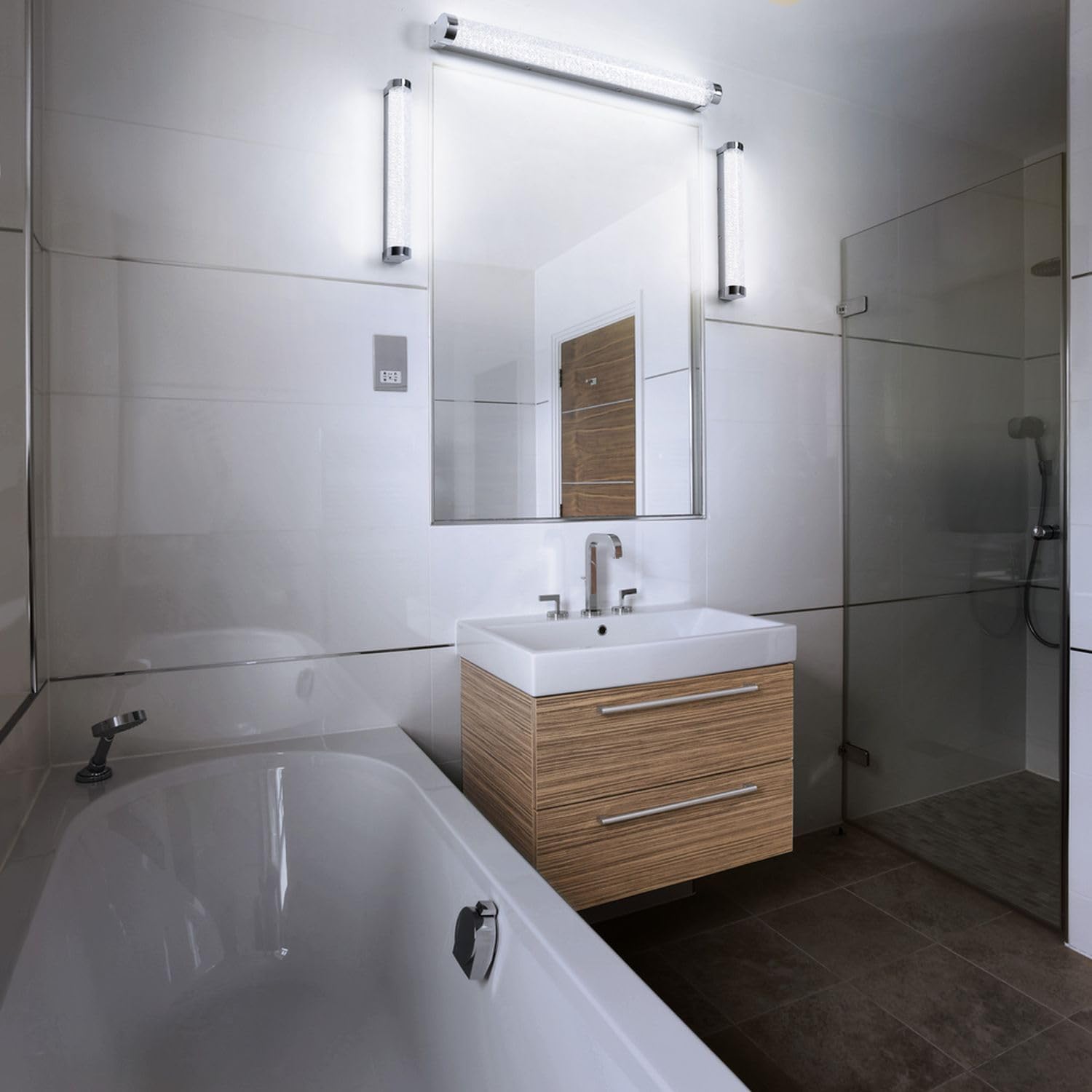 Licht-Erlebnisse LED Wandlampe Aluminium Metall Chrom 3000-4000 K IP44 CCT dimmbar modern wohnlich Küche Bad WC Spiegel L:40 cm Wandleuchte Badezimmer