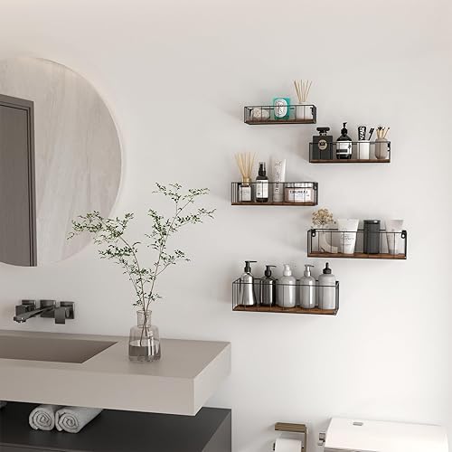 Miniatura 7 de CRUGLA Floating Shelves Wall Mounted Set of 5, Hanging Storage Wall Shelf with Rail for Bathroom, Bedroom, Living Room, Kitchen