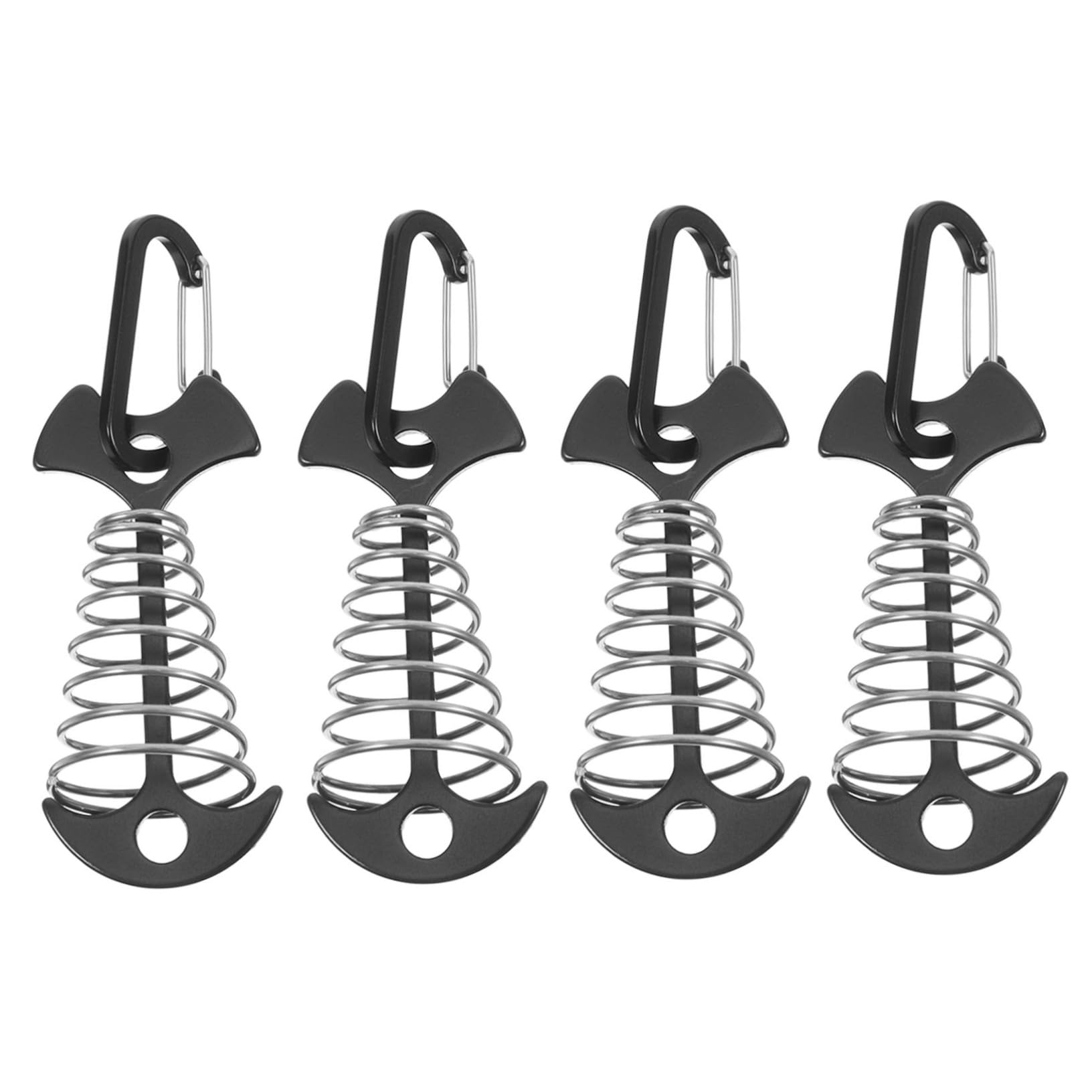VINTORKY 4Pcs Fishbone Tent Stakes with Carabiner Clips Durable Spring Anchors for Outdoor Camping Hiking and Tarp Support Wear Resistant Rope Tensioners for Secure Anchoring