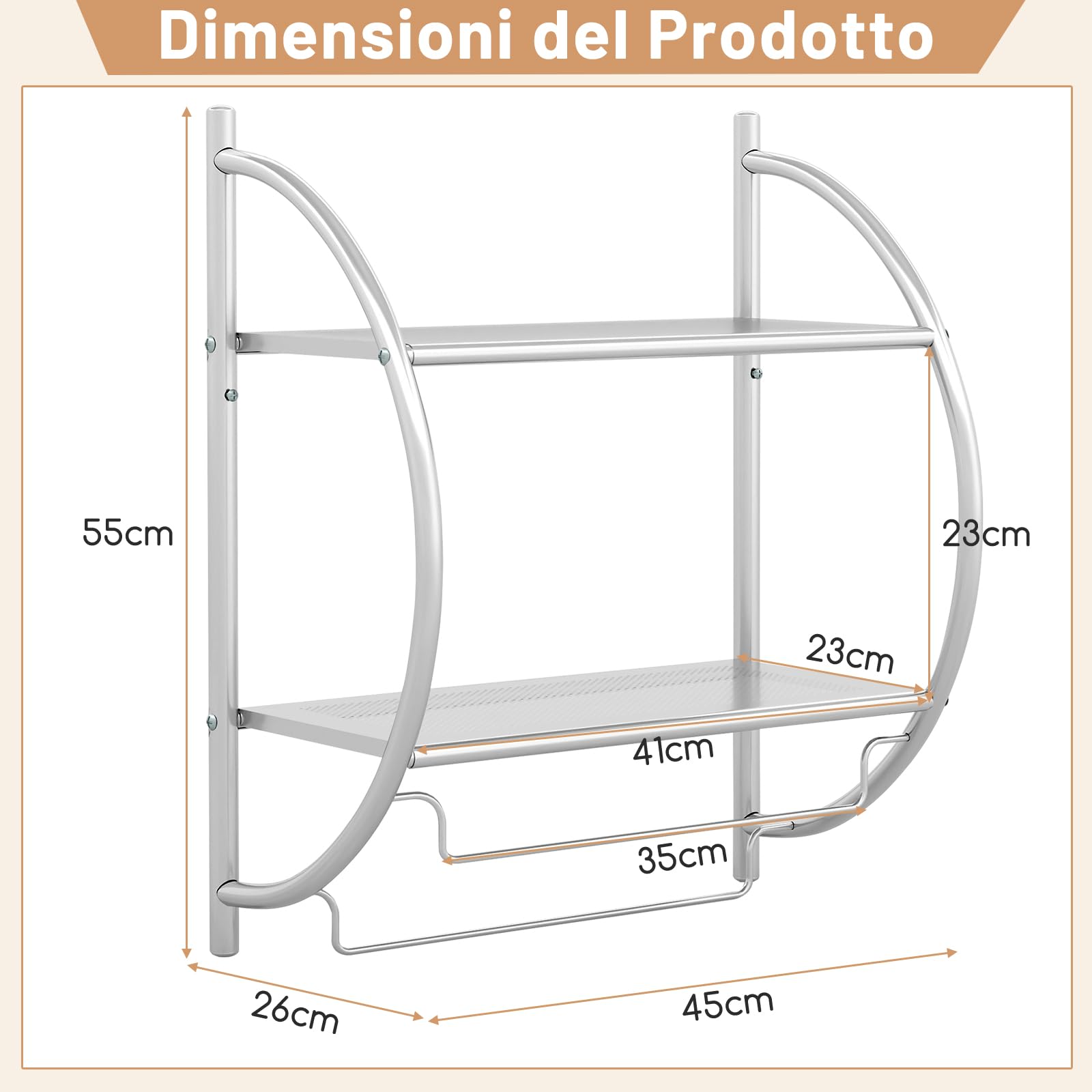 COSTWAY Porta Asciugamani da Parete Porta Salviette a 2 Ripiani per Bagno in Acciaio Inossidabile, 45 x 26 x 55 cm (Argento)