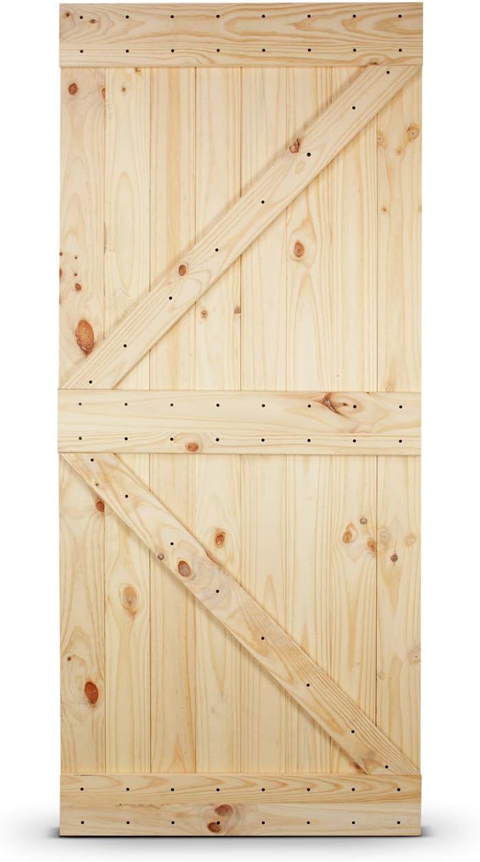 BELLEZE 36 Inch DIY Sliding Interior Barn Door with Hardware Kit, Modern Rustic Custom Farmhouse Unfinished Pine Wood for Kitchen Pantry Bedroom Living Room Closet - Unfinished