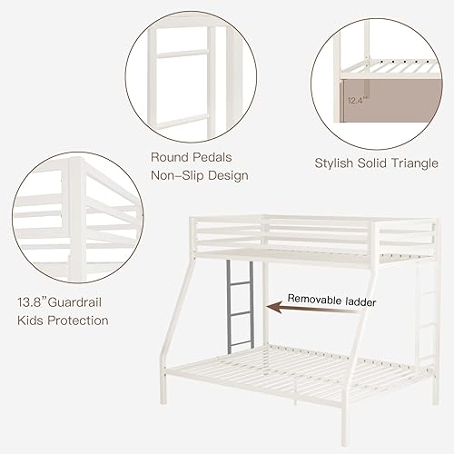 Miniatura 6 de ikalido Metal Loft Bunk Bed Twin Over Full Size with Safety Guardrail and Ladder, No Box Spring Needed Space Saving Bedroom Furniture, Cream White