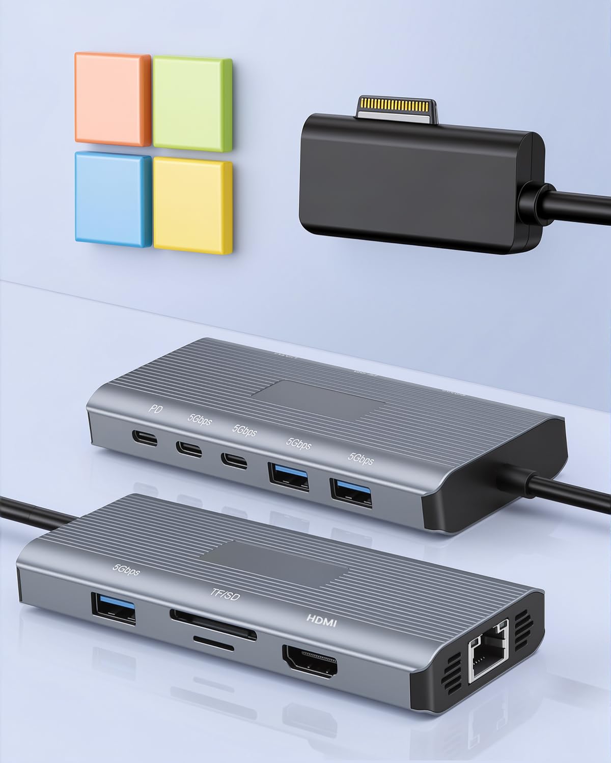 10-en-1 MS Surrface Dock 2-Station d'accueil Surrface,HDMI 4K@60Hz | Ethernet Gigabit,3xUSB 3.0,2xUSB-C 3.0,1xUSB-C PD,SD/TF,pour MS Surface Pro 11/10/9/8/X/7/6/5,Surface Laptop, Book