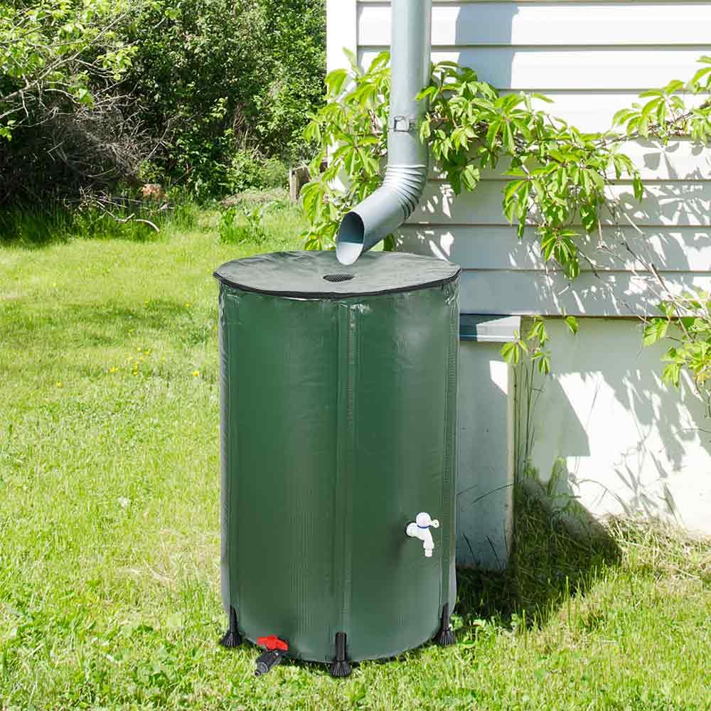 TERRE JARDIN - Réservoir Récupérateur Eau de Pluie, 500 L - Cuve Eau de Pluie, Pliable, en PVC Armée - Réservoir avec Robinet d'Arrêt et Robinet d'Écoullement - 500 litres - Vert