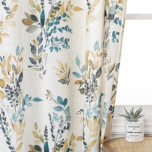 Image of MYSKY HOME Floral Linen Curtains 54 inch Length 2 Panels Set Leaf Patterned Semi Sheer Light Filtering Privacy Farmhouse Grommet Drapes for Bedroom Small Window, 52 inch Wide Each Panel, Yellow and Blue