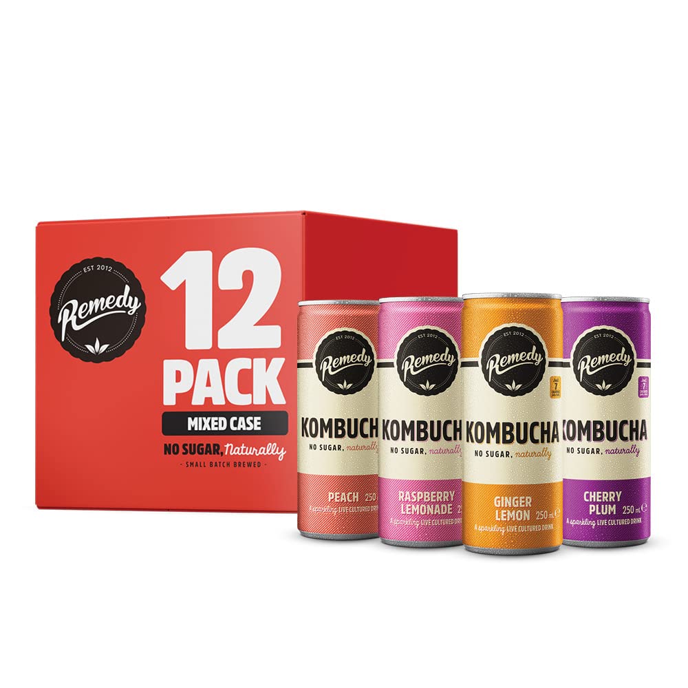 Remedy Kombucha Tea - 4 Flavour Mixed Pack - Sparkling Live Cultured, Naturally Sugar Free Soft Drink - Probiotic for Gut Health - 12 x 250ml