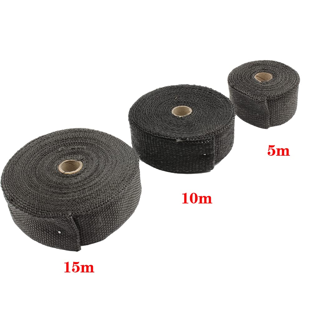 Benda Termica Per Scarico Marmitta Moto di Scarico Wrap Scudo Termico Nastro Isolamento Tubo In Fibra Vetro Con Fascette In Acciaio 5 cm * M/10 M/15 M(5cmx15m Black)