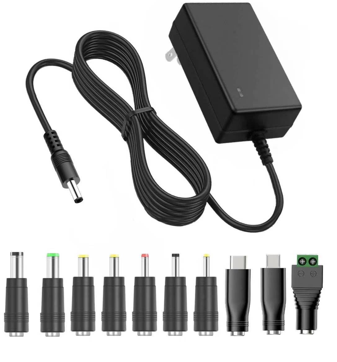 12V 2A Power Supply AC DC Adapter with 10 Tips, Universal DC in 12 Volt 2 Amp Power Cord, Converter Transformer 100-240v, 50/60HZ, 5.5x2.5mm DC Output Jack