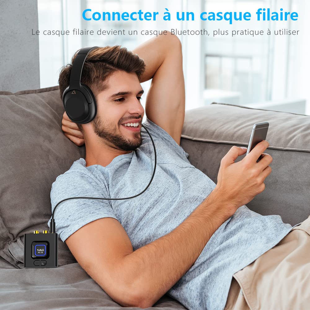 1Mii ML201 Recepteur Bluetooth 5.1, Adaptateur Bluetooth RCA 3.5mm Jack AUX, SBC AAC Recepteur pour Accueil Système Stéréo, Mode Basse, Taille Mini, Batterie Intégrée