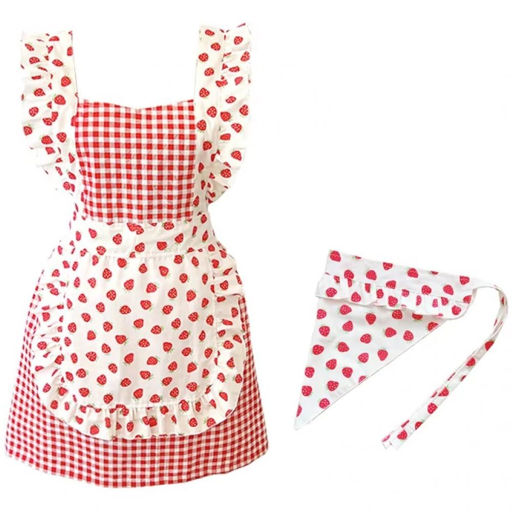 Sslvya Cute Strawberry Apron with Headscarf for Women, Sweet Kitchen Cooking Baking Chef Aprons with Pockets, Gifts for Women