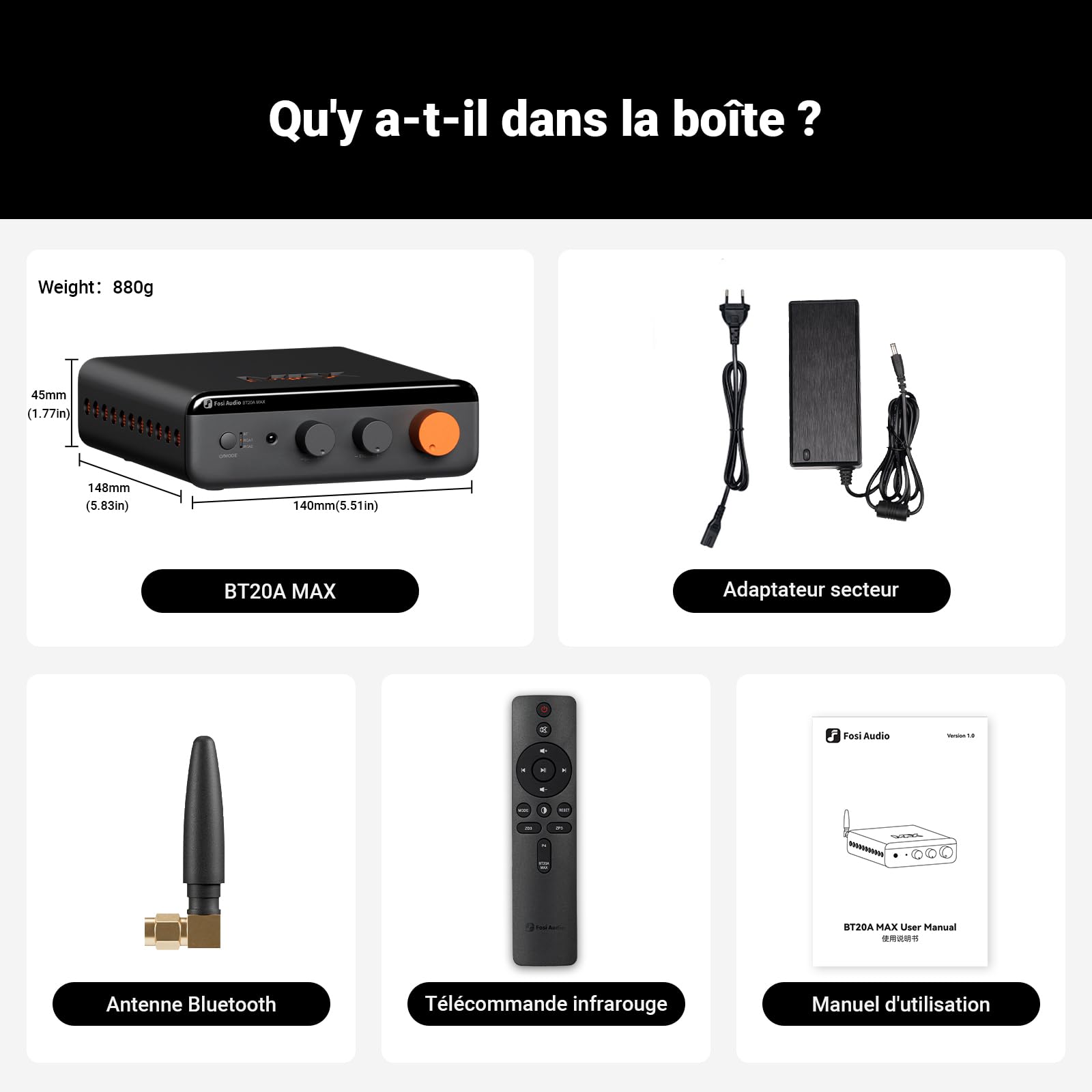 Fosi Audio BT20A Max Amplificateur de Puissance Stéréo, 300W x 2 Ampli Bluetooth, Audio Hi-FI avec Technologie PFFB, Double Alimentation Indépendante, Télécommande, Amplis pour Les Systèmes 2.1