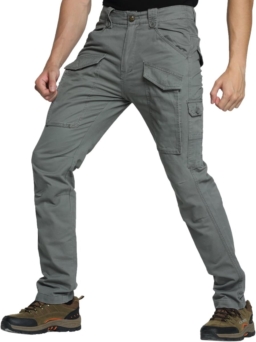 Men Cargo Tactical Pants Cotton Flexible Work Outdoor Casual Slim Fit Hiking Camping Fishing Hunting Army Military Combat Zip Multi-Pockets Duty Trousers Winter Spring (Grey, 33)