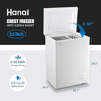 Chest Freezer Small Deep Freezer 3.5 Cu.Ft Mini White Free-Standing Top Door Freezer Adjustable 7 Thermostat and Removable Basket Open Deep Freezer Energy Saving Apartment Kitchen Business