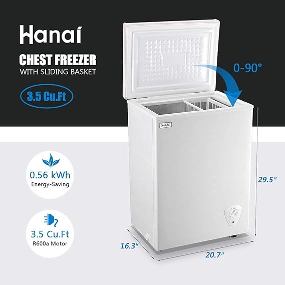 Chest Freezer Small Deep Freezer 3.5 Cu.Ft Mini White Free-Standing Top Door Freezer Adjustable 7 Thermostat and Removable Basket Open Deep Freezer Energy Saving Apartment Kitchen Business
