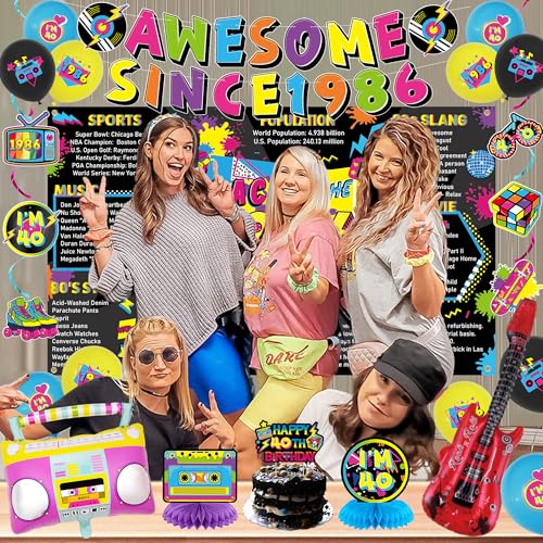 Image of Crenics 80s Theme 1986 40th Birthday Decorations for Men Women | Back in 1986 Backdrop, Awesome Since 1986 Banner, Swirls, Centerpieces and Balloons for 40 Birthday Party Supplies