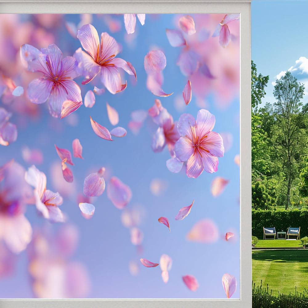 Dreamy Cherry Blossoms Stained Glass Window Film, Spring Elegant Floral Peel and Stick Privacy Film, Frosted Adhesive Vinyl Decorative for Bathroom Windows Glass Doors,（45x100cm）