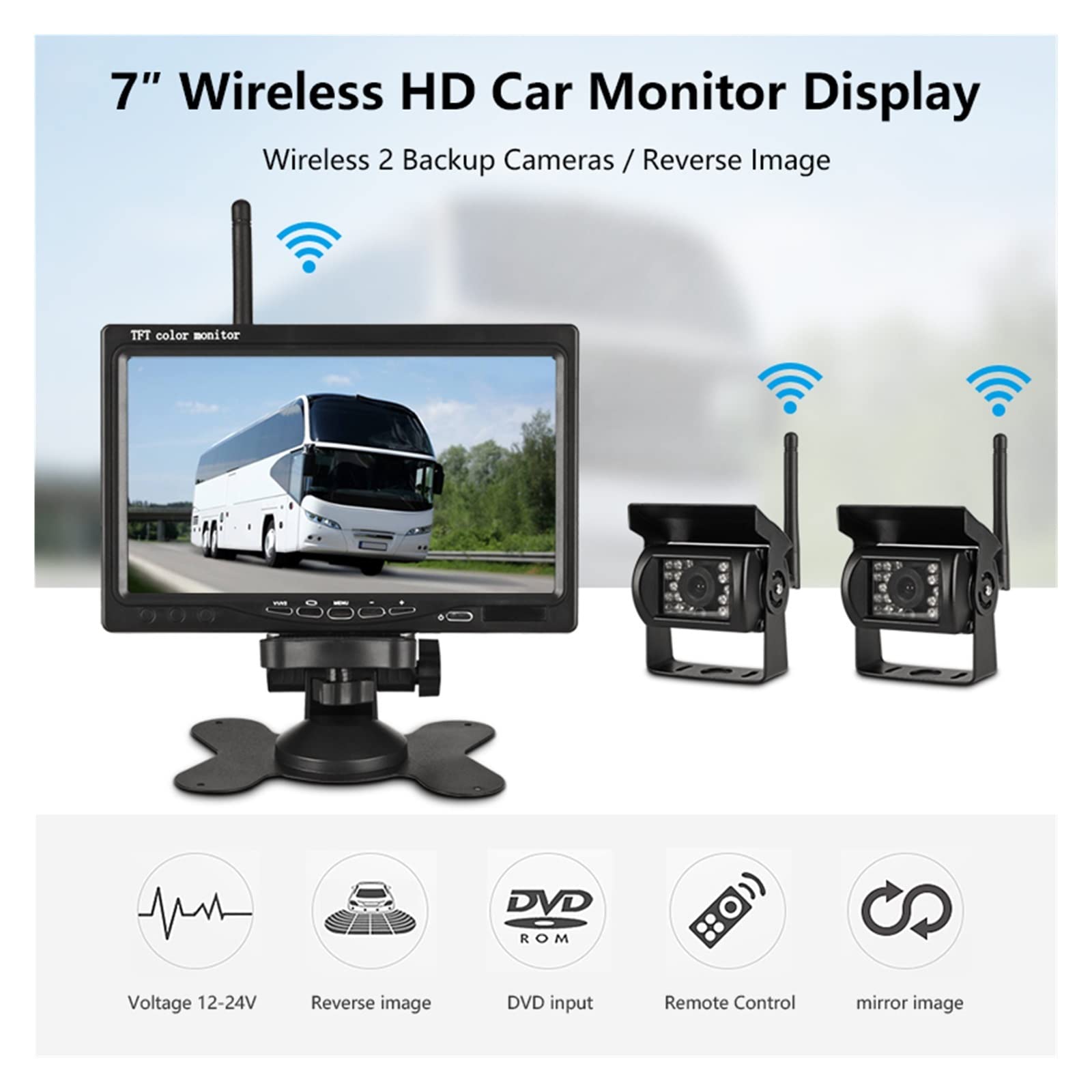 7 "bezprzewodowy Monitor Samochodowy 1920 * 1080P TFT Backup Widok Z Tyłu Kamera Cofania System Parkowania Tylna Auto DVD Dla Autobusu Miejskiego Stabilna Transmisja SygnałU(With 2 Rear Cameras)