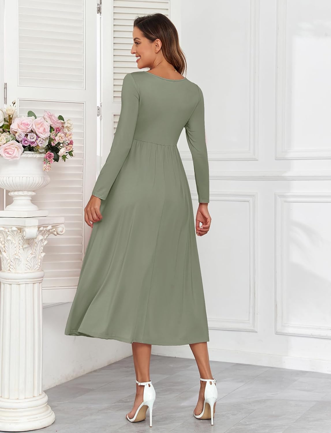 Maternity Tie Front Dress A Line Long Sleeve V Neck Flowy Pregnancy Maxi Dresses for Baby Shower Casual 2025 Fall - Image 6