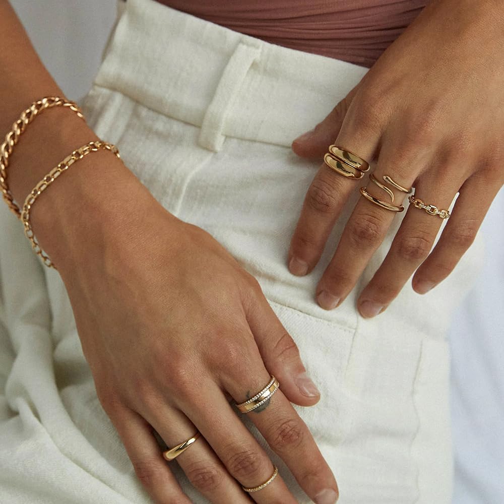 CANEVINKA 18k Gold Plated Dome Teardrop Ring Adjustable Bamboo-like Ring High Polish Thick Chunky Comfort Fit Open Ring Minimalist Finger Jewelry for Women - Image 2