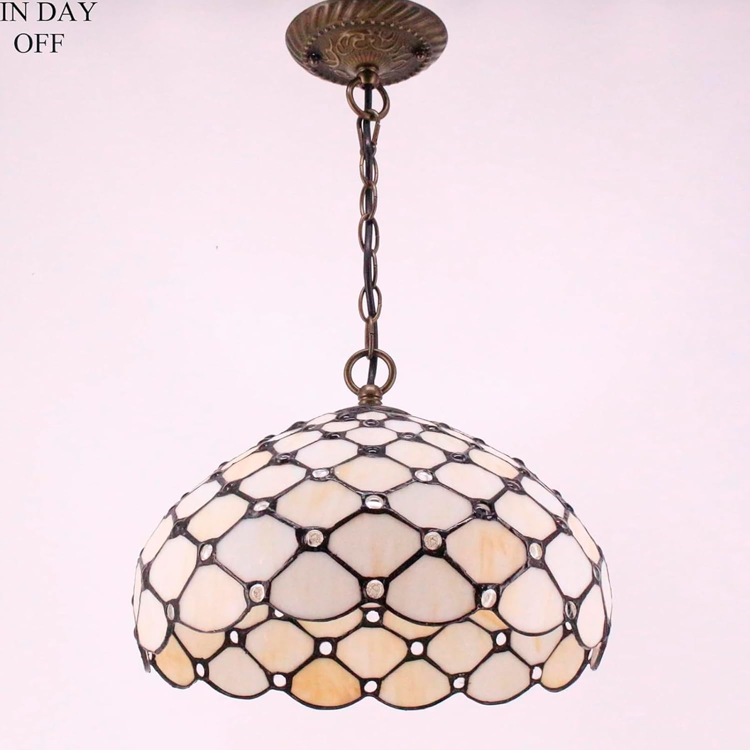 WERFACTORY Tiffany Pendant Light Fixture Cream Amber Bead Stained Glass Hanging Lamp Wide 12 Inch Height 32 Inch S005 Series