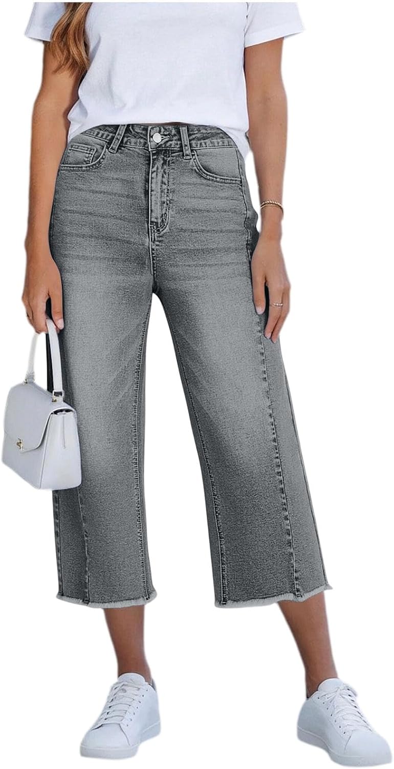 Womens Capris Denim Wide Leg Cropped Jean Frayed Hem Casual Summer Pants with Pockets Stretchy Fashion Capri Jeans