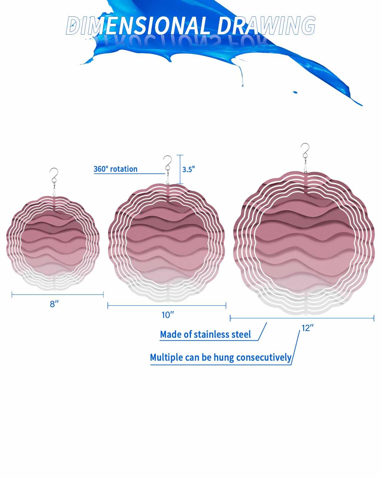 Abstract Ocean Wind Spinners, Gradient Pink Spray Waves Hanging Wind Spinners for Yard and Garden 3D Stainless Steel Metal Sculptures Crafts Ornaments 8 Inch