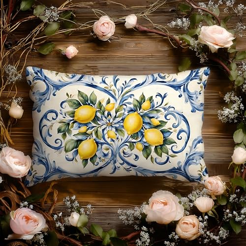 Image of Summer Lemon Coastal Pillow Cover 12x20 Double-Sided,Italian Lemon Fruit Home Decor,Blue and Yellow Amalfi Coast Party Decorative Lumber Throw Pillow Cover for Home Bedroom Living Room