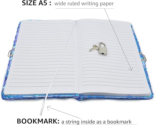 Vista 13 de VIPbuy Magic - Diario de viaje reversible con lentejuelas, diario de viaje con cierre y llave para niños y niñas, tamaño A5 (8.5 x 5.5 pulgadas), 78