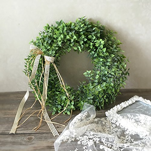 Zehui Green Leaf Wreath with Bow Door Hanging Wall Window Decoration, Small Wreath, Rustic Home Decor, Holiday Home Decor, Holiday Festival Wedding Decor.