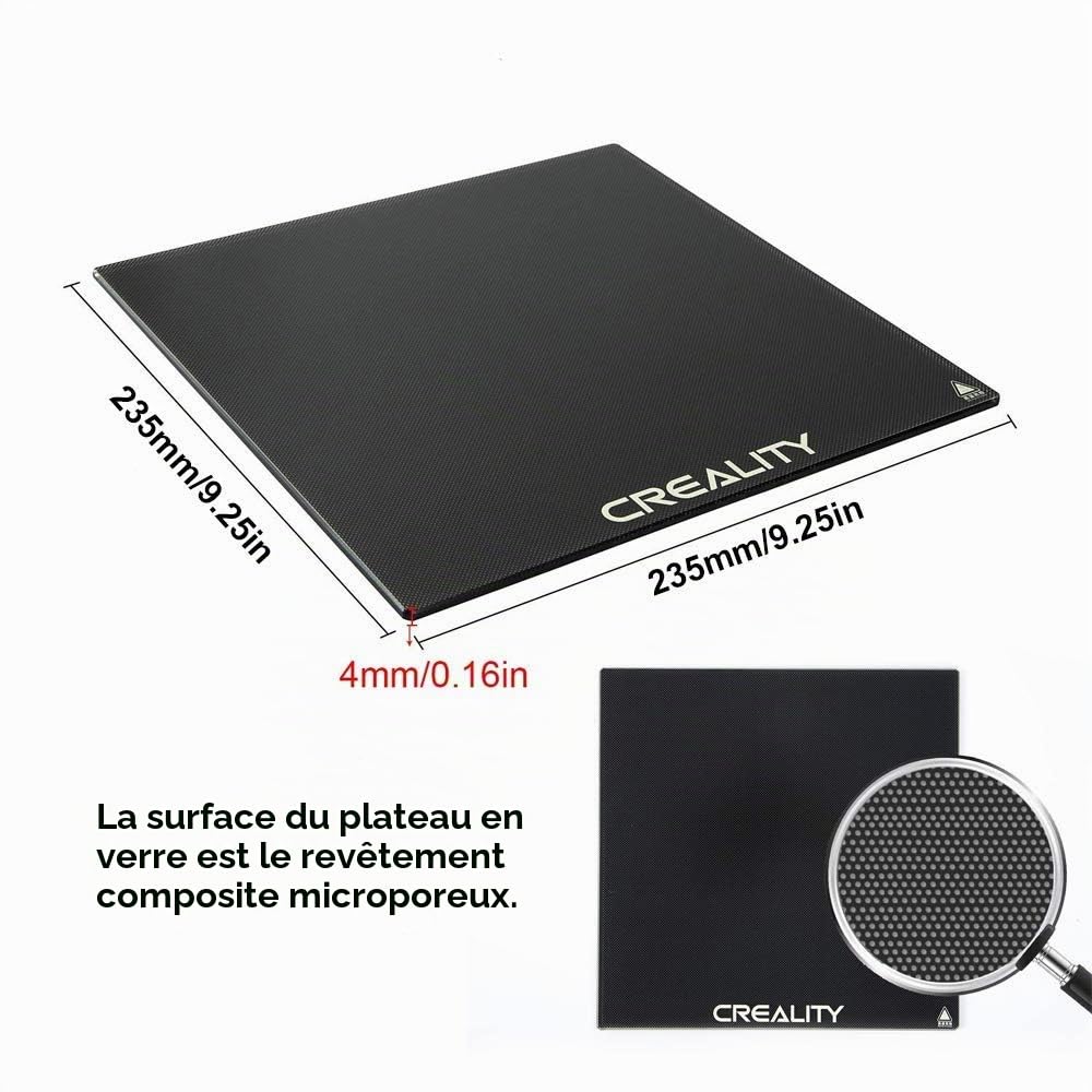 Creality Plateau Ender 3 Plateforme d'imprimante 3D Améliorée Trempé Plaque de Verre Lit Chauffant Surface pour Ender 3/Ender 3 Pro/Ender 3 V2/Ender 5, 235x235x4mm