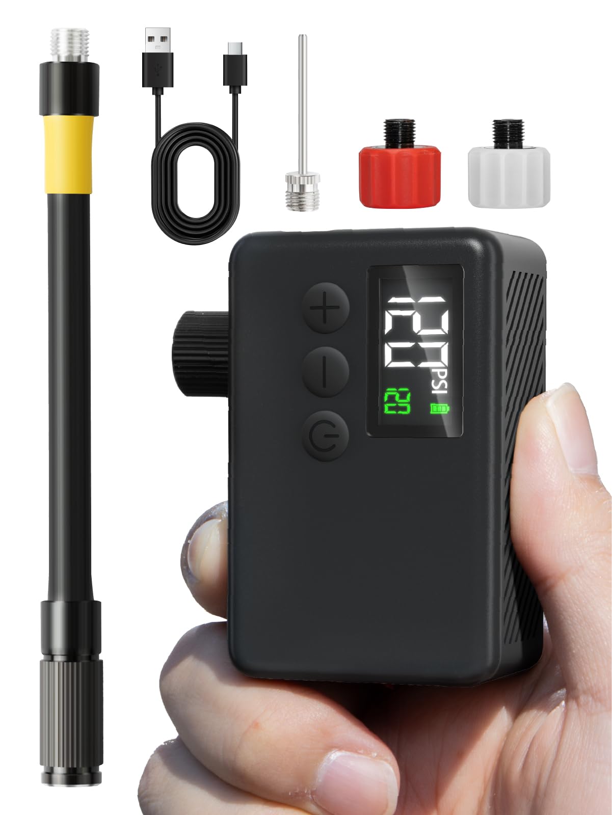 GPUTEK Mini Electric Bike Pump, 120 PSI Cordless Portable Bicycle Pump with Pressure Gauge, Auto-Off & LED Light, for E-Bike, Mountain Bike, City Bike, Road Bike with Presta & Schrader ValveGPUTEK Mini Electric Bike Pump, 120 PSI Cordless P…