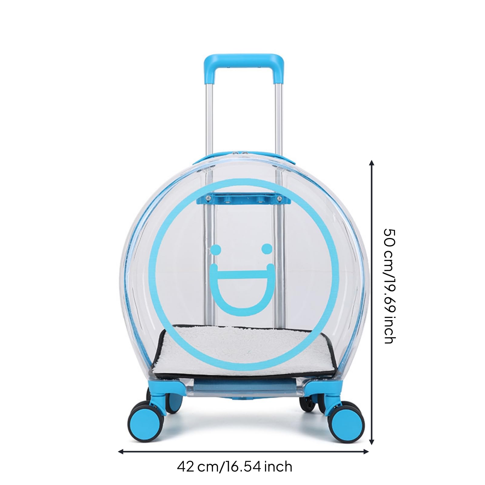 Transportín para Mascotas Transparente con Ruedas Maleta Portátil Contenedor de Viaje Mochila Rígida Estructura Clara Que Reduce el Estrés con, Azul con Cara Sonriente