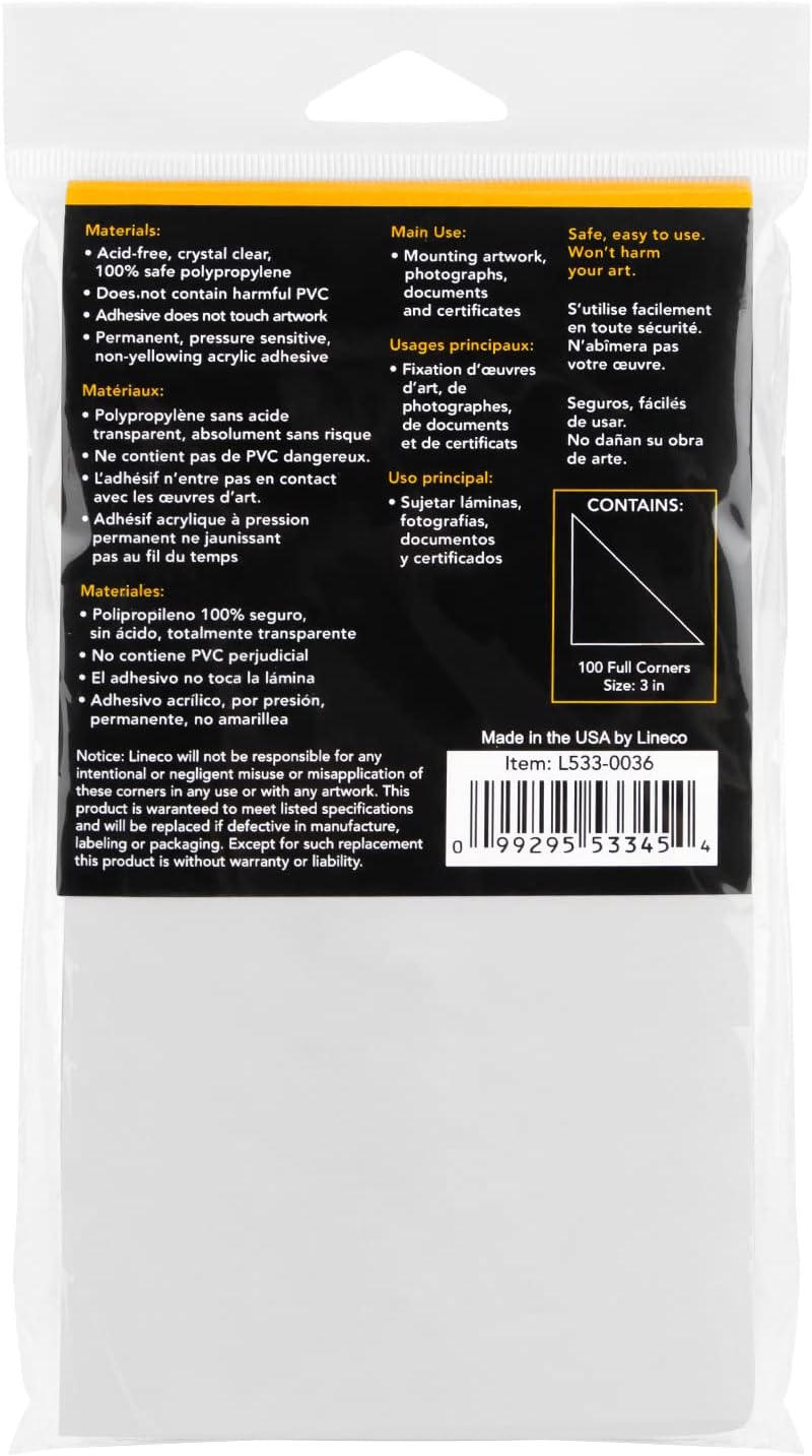 Lineco, Archival Polypropylene Mounting Corners, Acrylic Self-Adhesive Acid-Free Non-Yellowing, 3 Inches, for Artwork Photos, 100-Pack, Clear